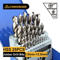 comoware jobber metal drill bit set 25pcs hss m2 for stainless steel plastic wood 1 0mm 13 0mm