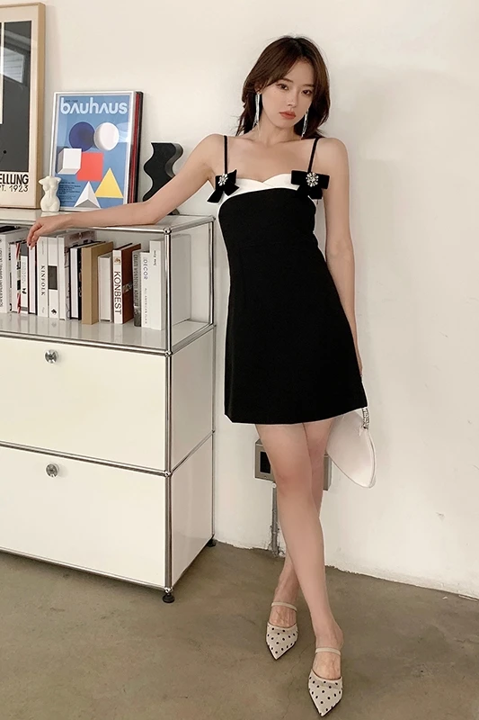 

COIGARSAM Sexy Women dress French Style Bow Spaghetti Strap Dresses 1038