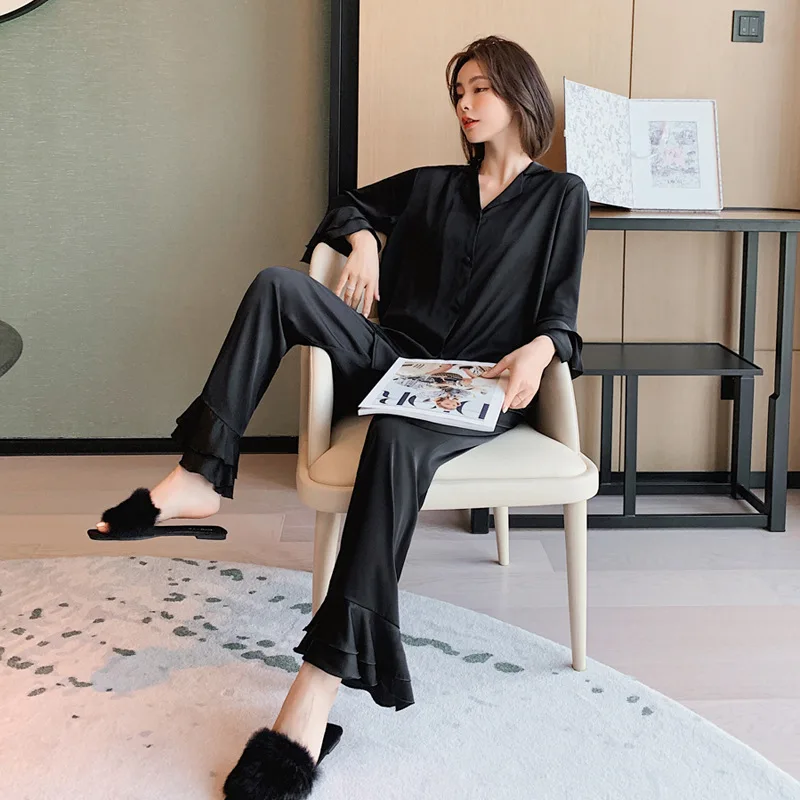 

Cardigan Solid Female Pyjamas Suits 2PCS Pink V-Neck Casual Sleepwear 2pcs Loose Sleeve Satin Pajamas Spring Summer Home Clothes