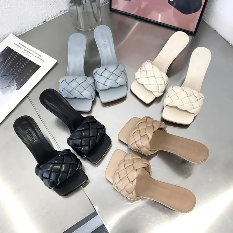 

Weave Designer Women Slipper Ladies Thin High Heel Sandal 2021 New Summer Slip-On Open Toe Brown Outdoor Slides Flip Flop Shoe