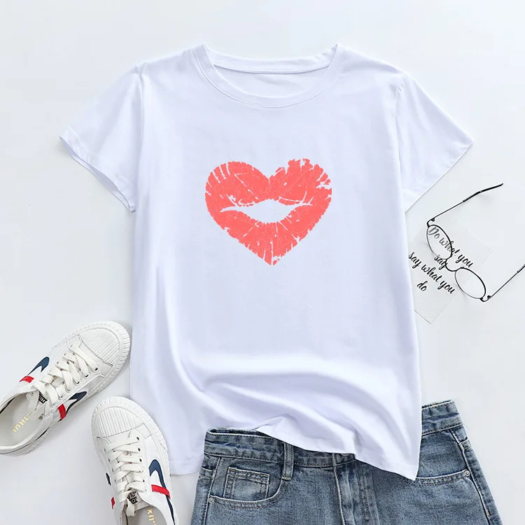 

New European and American women's round neck lip print printing short-sleeved T-shirt women