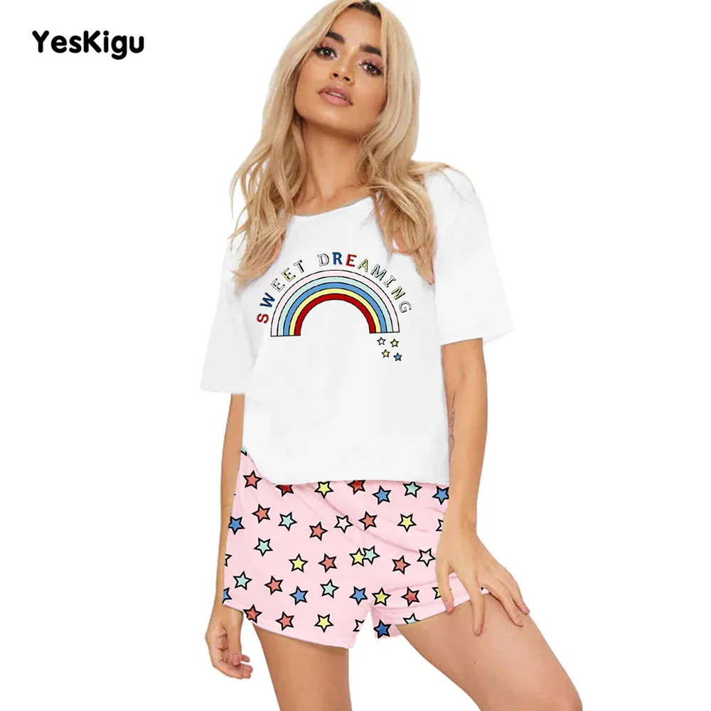 Пижама женская атласная из топа с коротким рукавом и 3D-принтом | Женская одежда