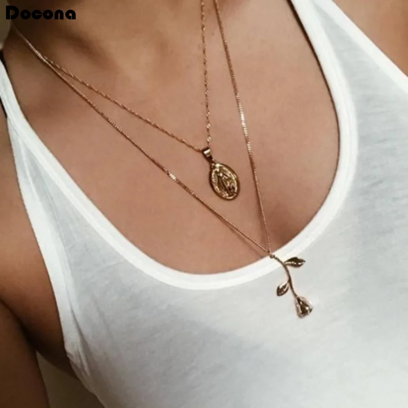 Ожерелье Docona в стиле панк с подвеской виде цветка для женщин Золотая цепочка