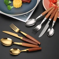 14pcs stainless steel cutlery tableware set with wooden handle dinner spoon knife fork for home dinnerware kitchen utensils