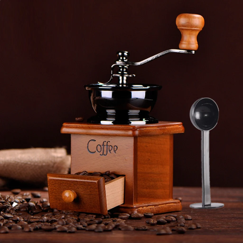 Антикварная кофемолка ручной работы деревянная бобовая мельница и ложка|Темперы