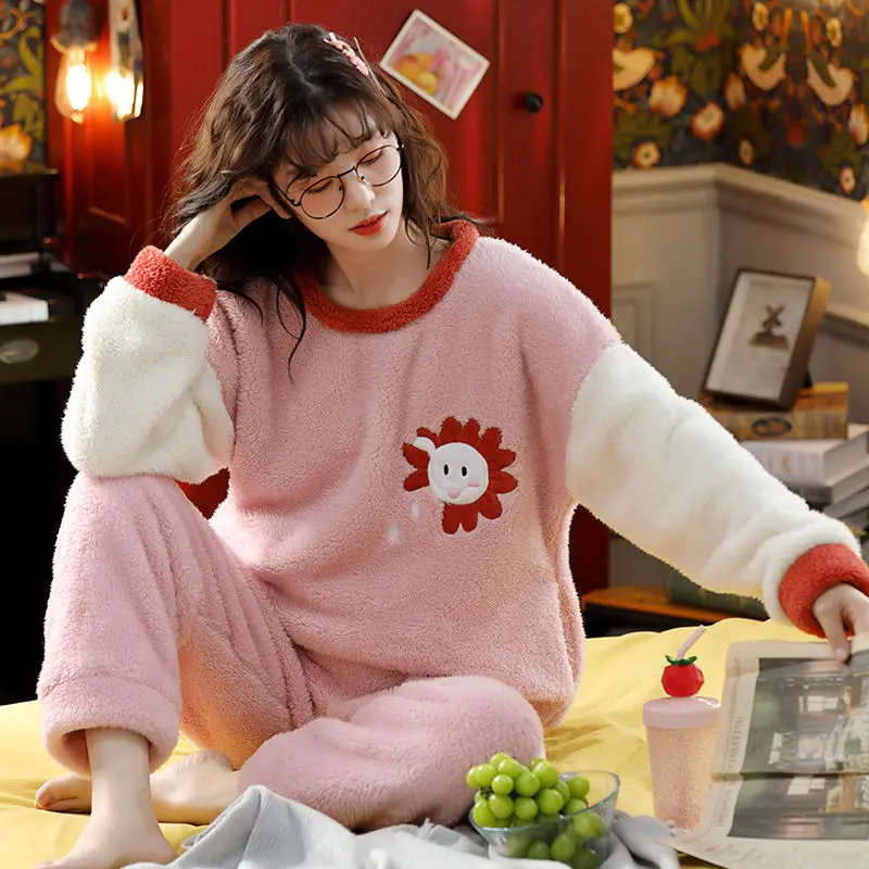 

Cute 2pcs Pajamas Suit Flannel Sexy Lady Shirt&Pants Sleepwear Lounge Lingerie Nightwear Winter Nightgown Thick Sleep Sets