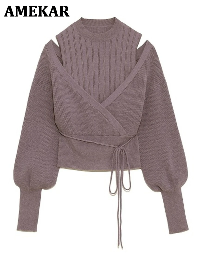 

Neploe Turtleneck Drawstring Puff Sleeve Knitted Sweaters Sweet Loose Shoulder Strapless Women Tops Autumn Winter New Pullovers