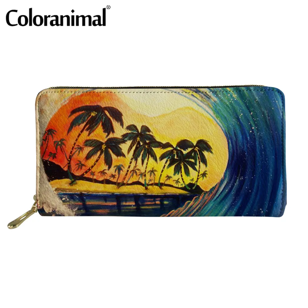 

Coloranimal Pretty Holiday Style Coconut Tree Printed Ladies PU Wallet Protable Clutch Purse for Women Credit Card Holder Bolsa