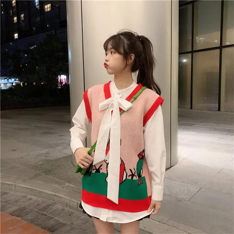 Women's Sweaters Japanese Cute Kawaii Ulzzang Sweet V-neck Sleeveless Sweater Female Korean Harajuku Vintage Clothing For Women | Женская