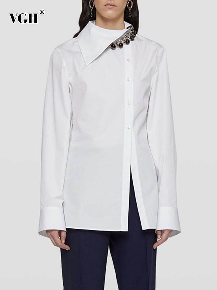 

Повседневная белая прямая женская рубашка VGH с отложным воротником и длинным рукавом, однотонная Минималистичная Свободная блузка на пугов...