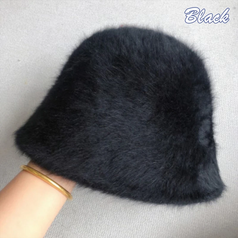 

Panama Winter Rabbit Fur Wool Hats For Women Bucket Hat Pompom Ear Protection Beanies bucket hat Fur Cap