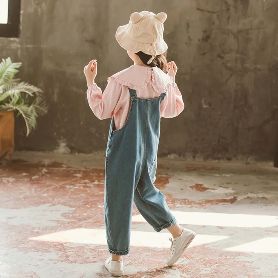 Детская одежда Блузка с оборками + джинсовый комбинезон для девочек из 2