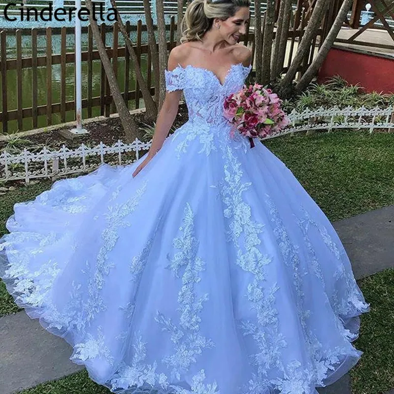 

Wedding Dresses Luxury Off The Shoulder Sweep Train Tulle Lace Applique Wedding Dresses With Lace Up Back vestido de noiva