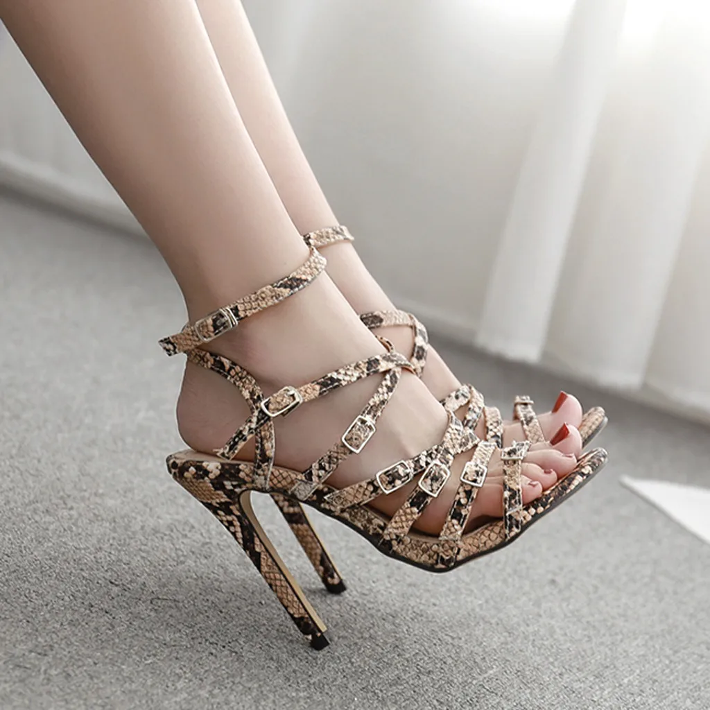 

New Ladies Sandals Snake Print Open Toe High Heels Women Cross Hollow Heel Sandals Slippers Stiletto Fashion Sexy womens shoes