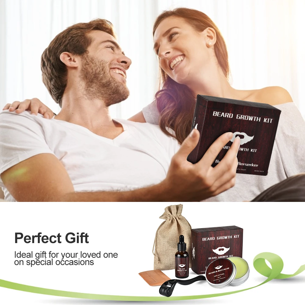 

4pcs set Barbe Beard Growth Kit Essence Oil Enhancer Nourishing Balm Hair Conditioner set with Comb Roller Facial Care Men