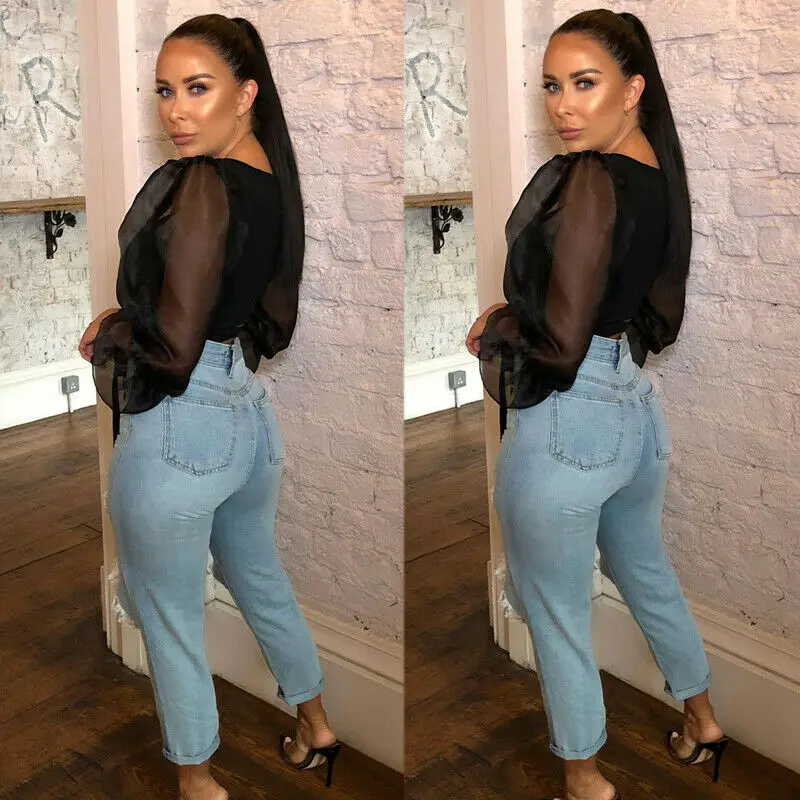 NEW Womens Sheer Mesh Puff Sleeve Cropped Tops Spliced Lace up Slim Fit Vest V Neck Retro Fashion hirts Blouse | Женская одежда