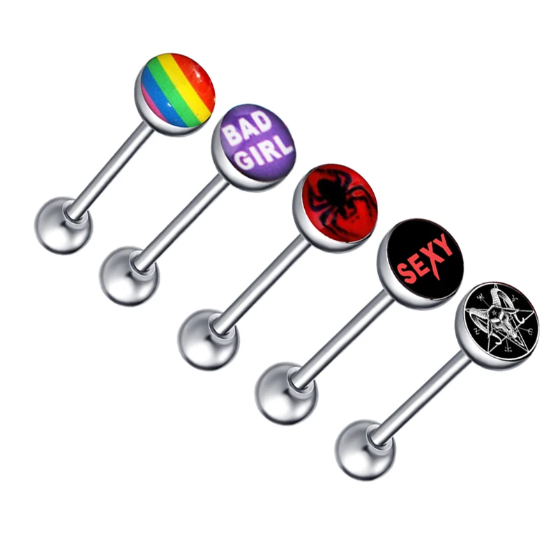 5pcs Fancy Tongue Rings Bar Words Pictures Logo Stainless Steel Straight Barbells Piercing Body Jewelry Sexy Cheap - купить по