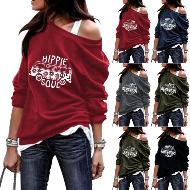 

Women's Off the Shoulder Hippie Pattern Printed Shirt Long Sleeve Casual Blouse