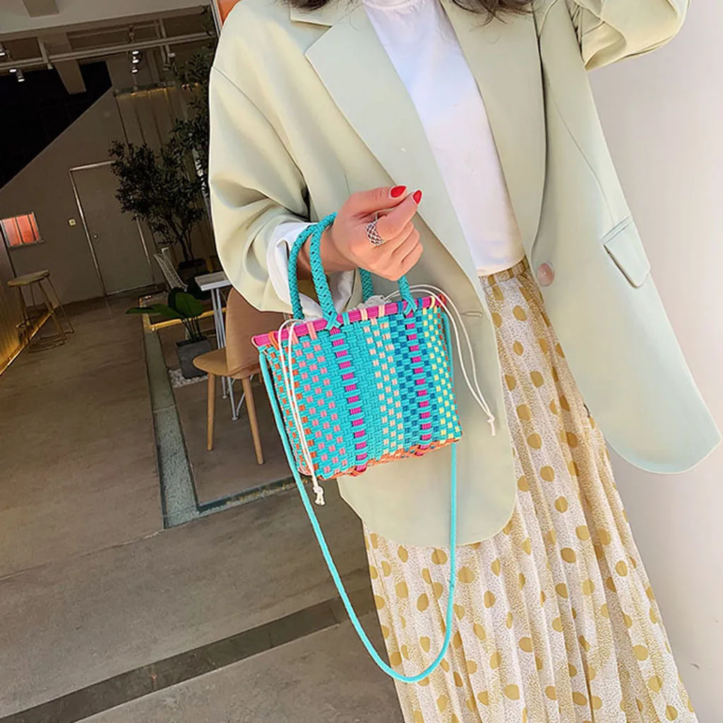 Женская плетеная пляжная сумка корзина для покупок полосатая ручная вязаная