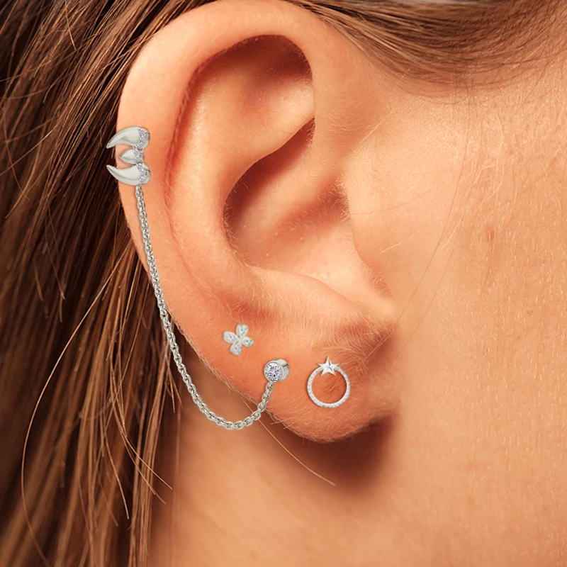

Aide 925 Sterling Silver Zircon CZ Clover Stud Earrings For Women 2021 Trend Teeth Star Moon Chain Tassel Piercing Ear Studs