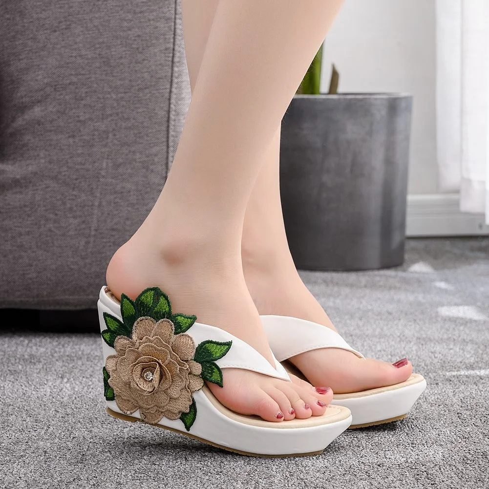 

Bohemian platform slope HEEL SANDALS BEACH herringbone foot clip slippers muffin thick bottom embroidered slippers sandals