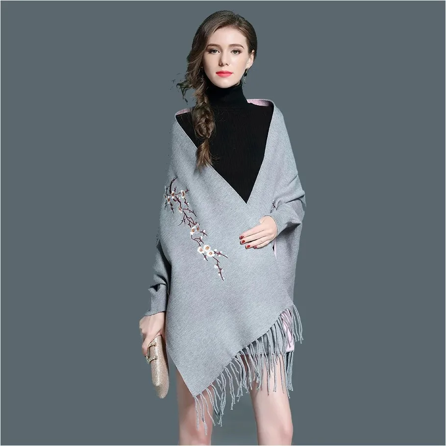 Осенне-зимний вязаный кардиган свитер с рукавом летучая мышь накидка вышивкой