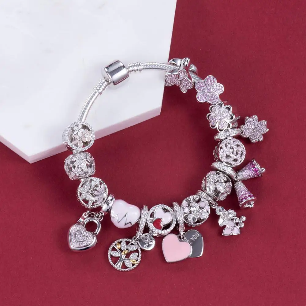 Подвеска для браслета DDBJ078 в виде розовой искусственной серебряной тропической