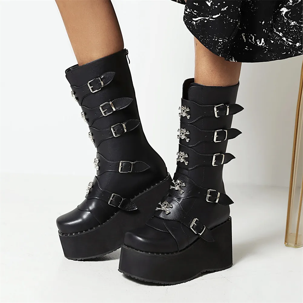 

Lapolaka Fashion Women Punk Style Motorcycle Boots Super High Heel With Buckle With High Platform Mid-Calf Women Boots