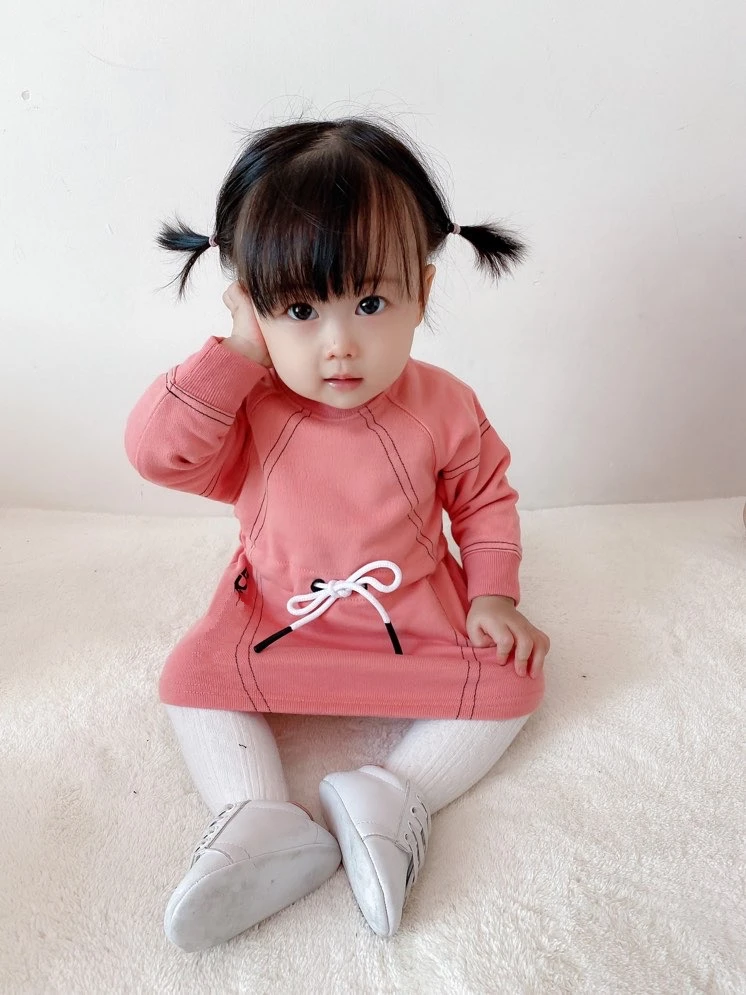 

2021 spring and autumn new children's Cotton Long Sleeve Dress waist sports style baby Terry sweater skirt children's wear
