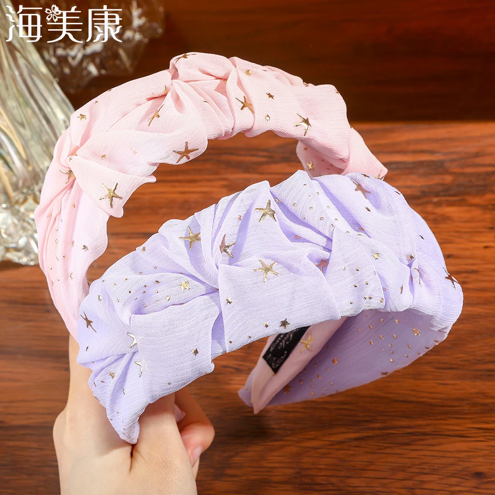 

Solid Color Gauze Fabric Pleated Hairband For Women Fashion Scrunchy Girls Wide Headband Stars Hair Hoop Female Hair Accessories