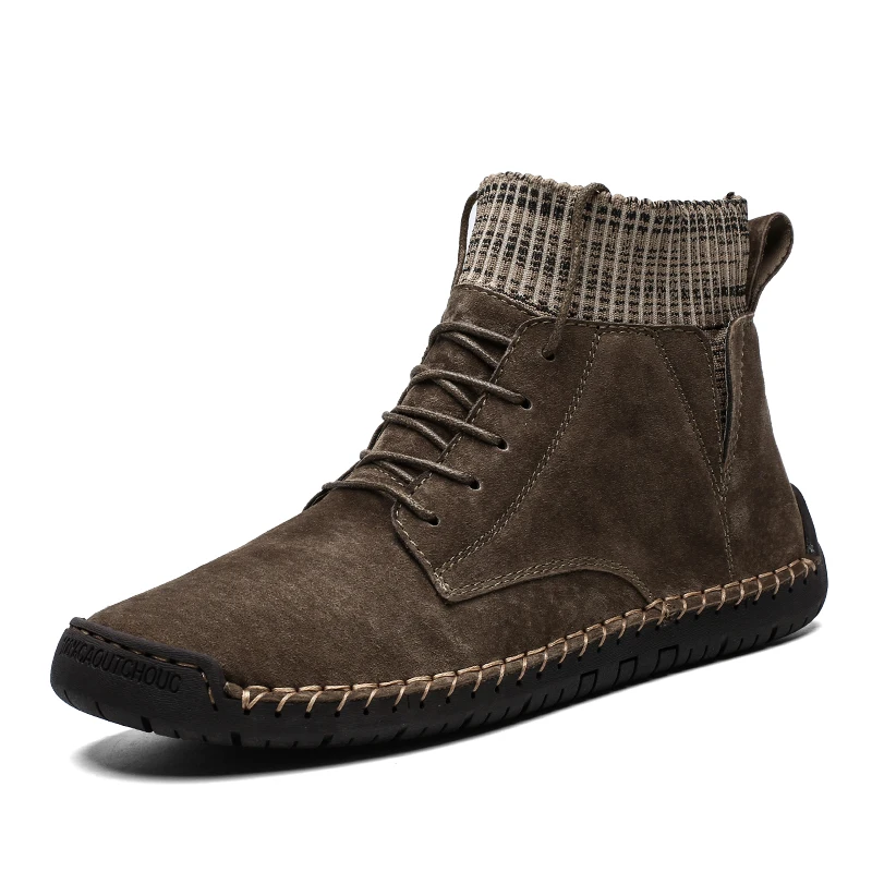 Khaki no fur Брендовые мужские ботинки из замши; зимние ботинки; мужские плюшевые теплые мотоциклетные ботинки; водонепроницаемые ботильоны; Мужская Рабочая обувь; большие размеры - Цвет: Khaki no fur