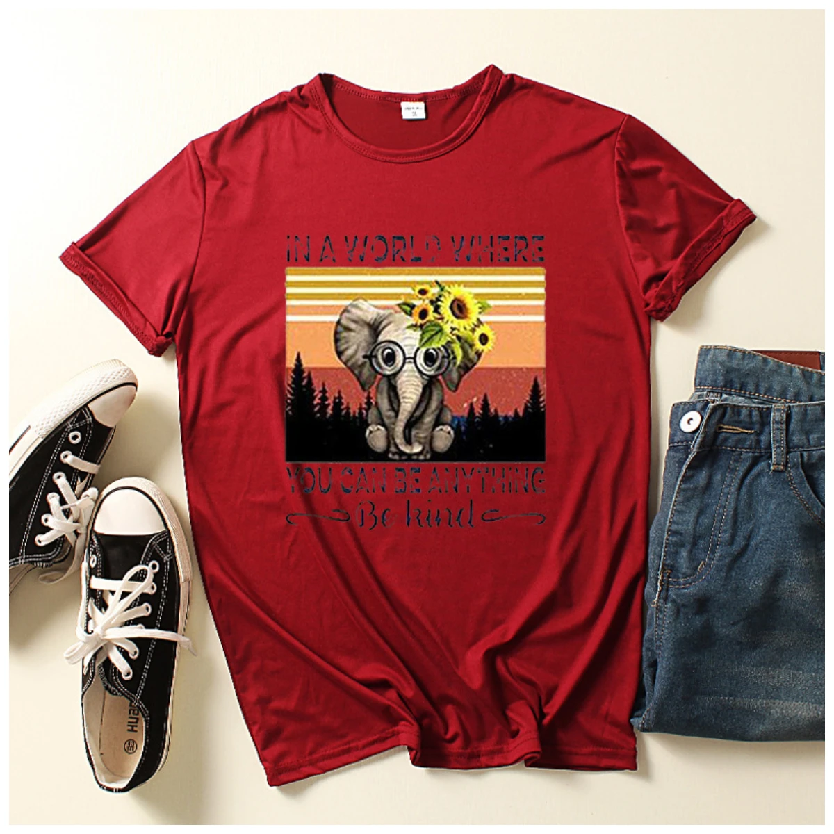 

Women's T-shirt Cute Kawaii Elephant Cartoon Trendy Sunflower Be Kind Letters Print Funny Fashion Casual Female O Neck Tee Top