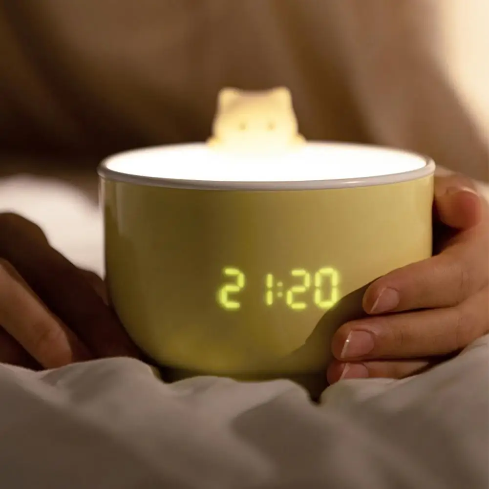 

Cute Sleeping Night Light Alarm Clock 5V 1500mAh Alarm Clocks USB Powered Cats Teacup ABS LED Night Light Digital Clock for Desk