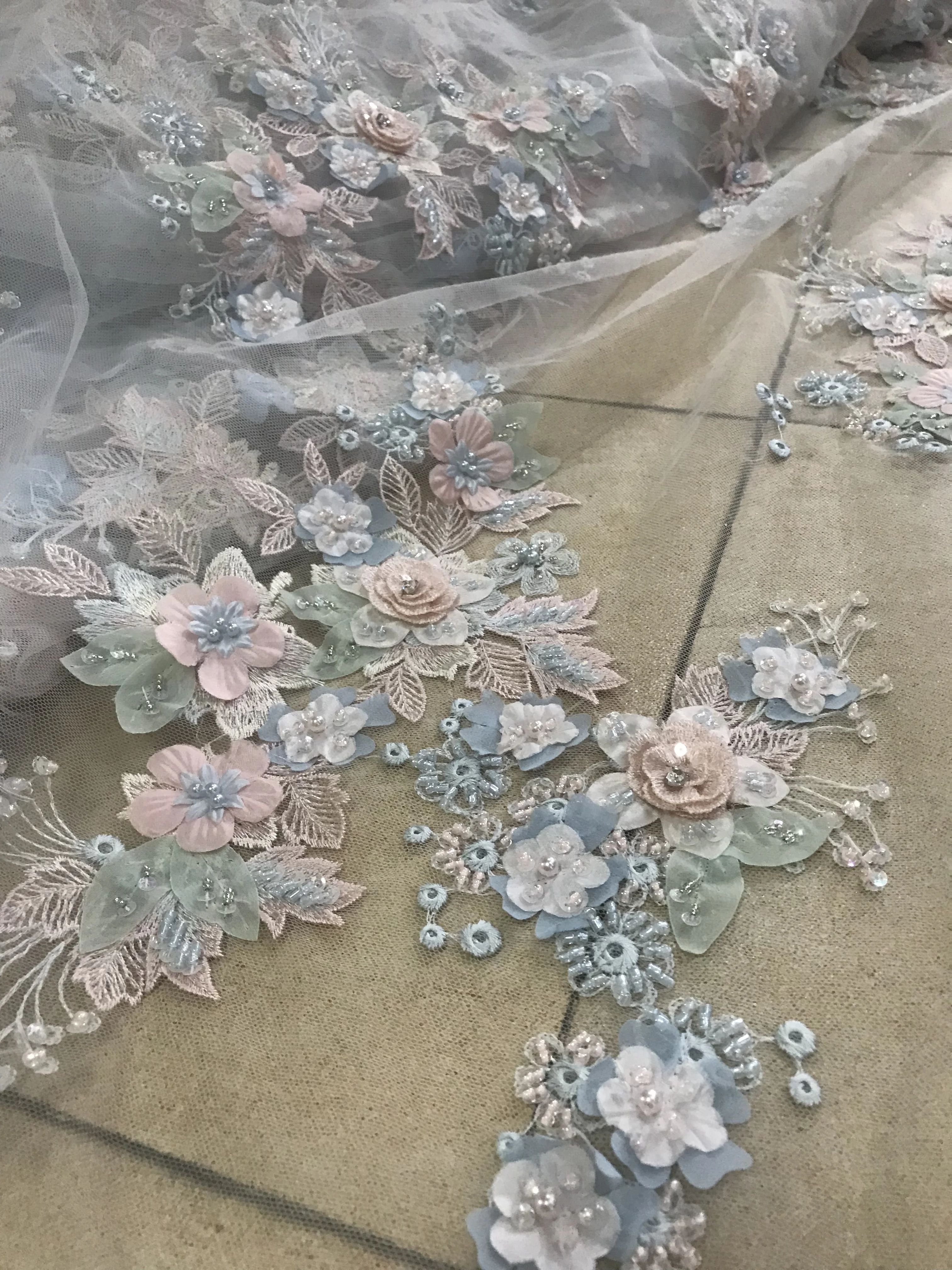 

5 Yards 3d flowers with beads French Lace ZH-298689 Embroidery African Tulle Lace Mesh Fabric