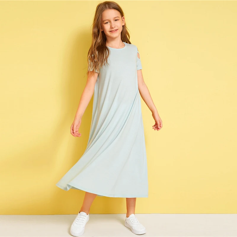 SHEIN/однотонное Повседневное платье с открытыми плечами и перекрещивающимися крест-накрест для детей; коллекция года; летние эластичные детские футболки с короткими рукавами