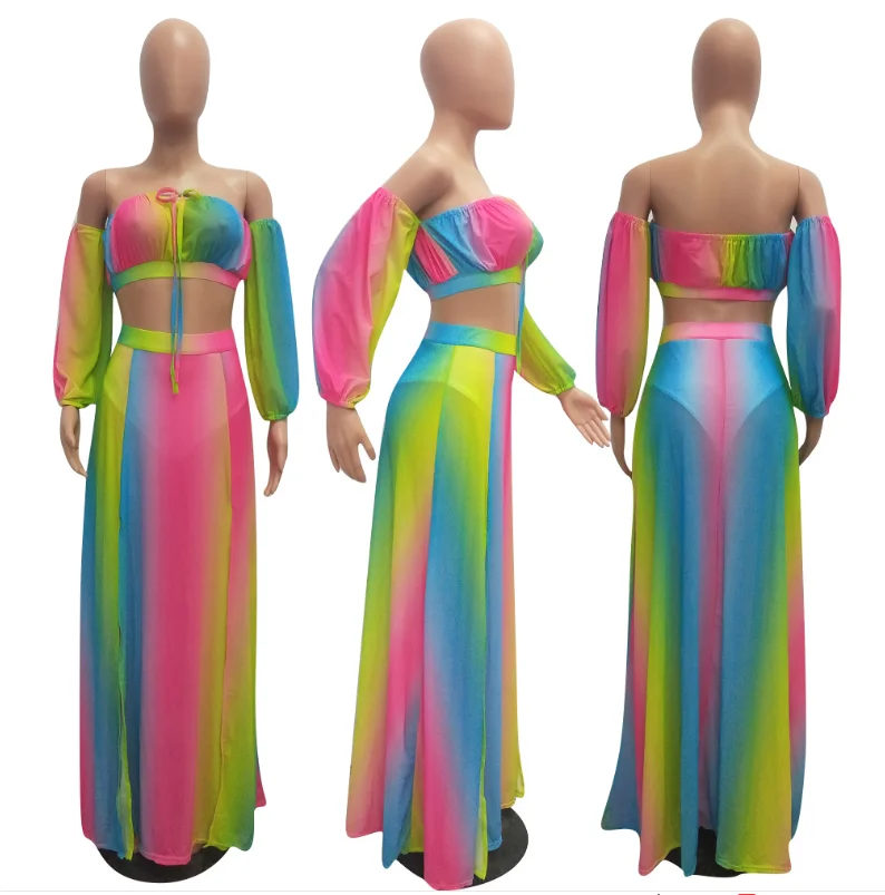 

Chiffon Color Printing 3-Piece Skirt 2021 New Plus Size Women's Sexy Short Top + Skirt With Beautiful Beach Holiday Skirt Suit