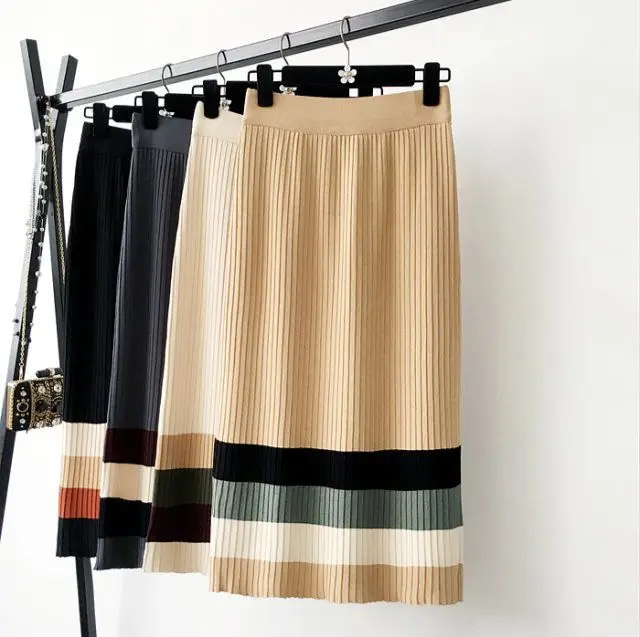 Женские плиссированные юбки в полоску осенне-зимние длинные с прострочкой