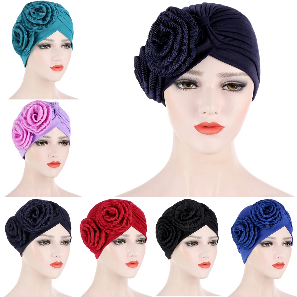 

Double Flower Turban Indian Head Scarf Women Muslim Pleated Inner Bonnet Hair Loss Hat Chemo Cap Islamic Headwear Beanies Wrap