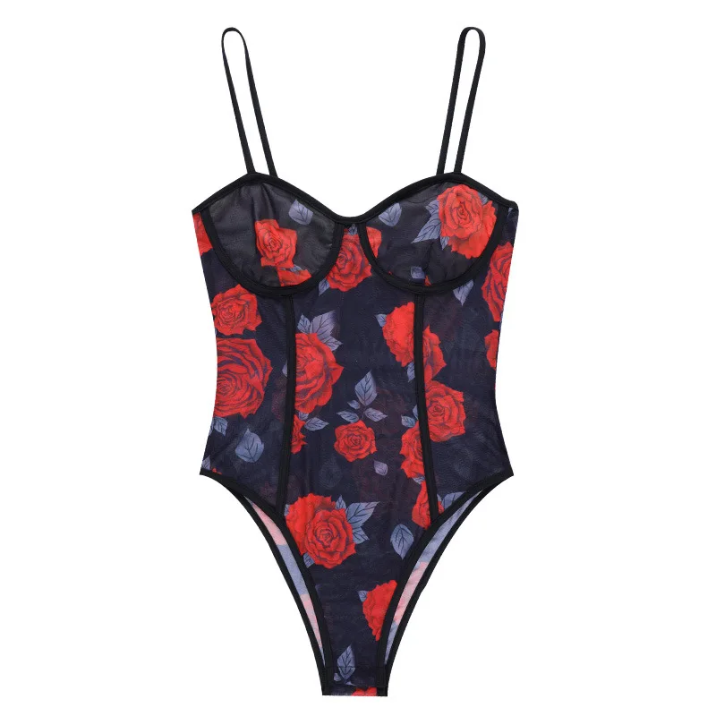 

Shestyle Spaghetti Strap Bodysuits Women Mesh Wrap Rose Leopard Printed Sexy See Through 2021 Fashion Sleeveless New Outfit Body