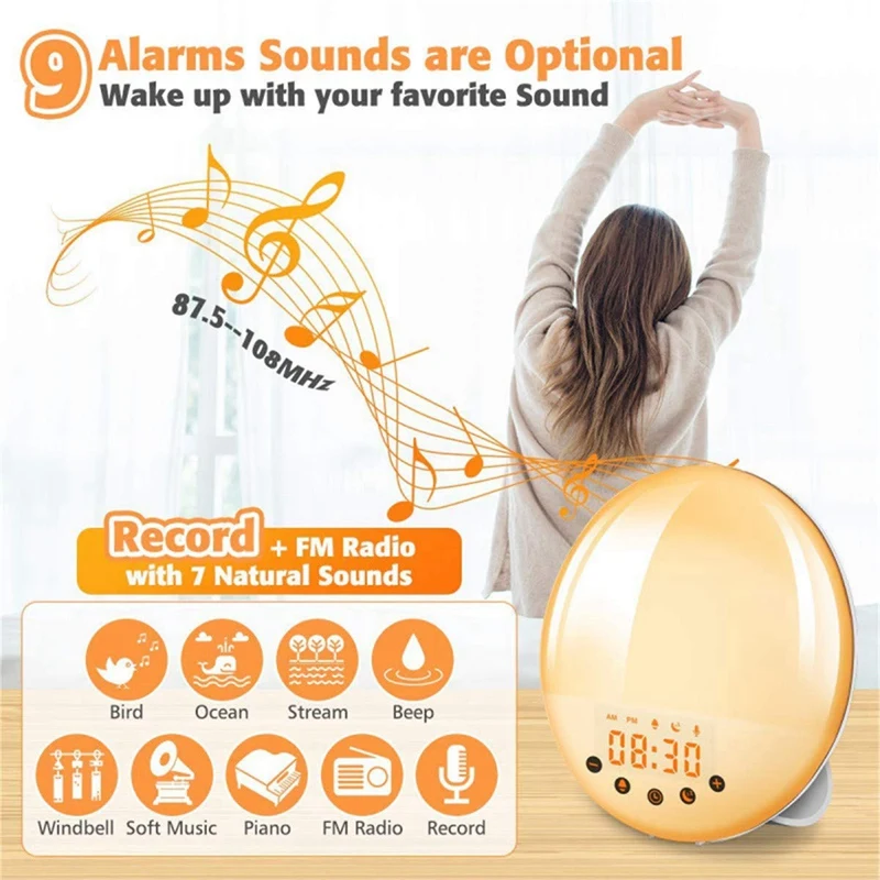 

Sunrise Alarm Clock Wake Up Light, Smart Wifi Sunset Simulation Digital LED Clock Supports APP Control FM Radio Us Plug