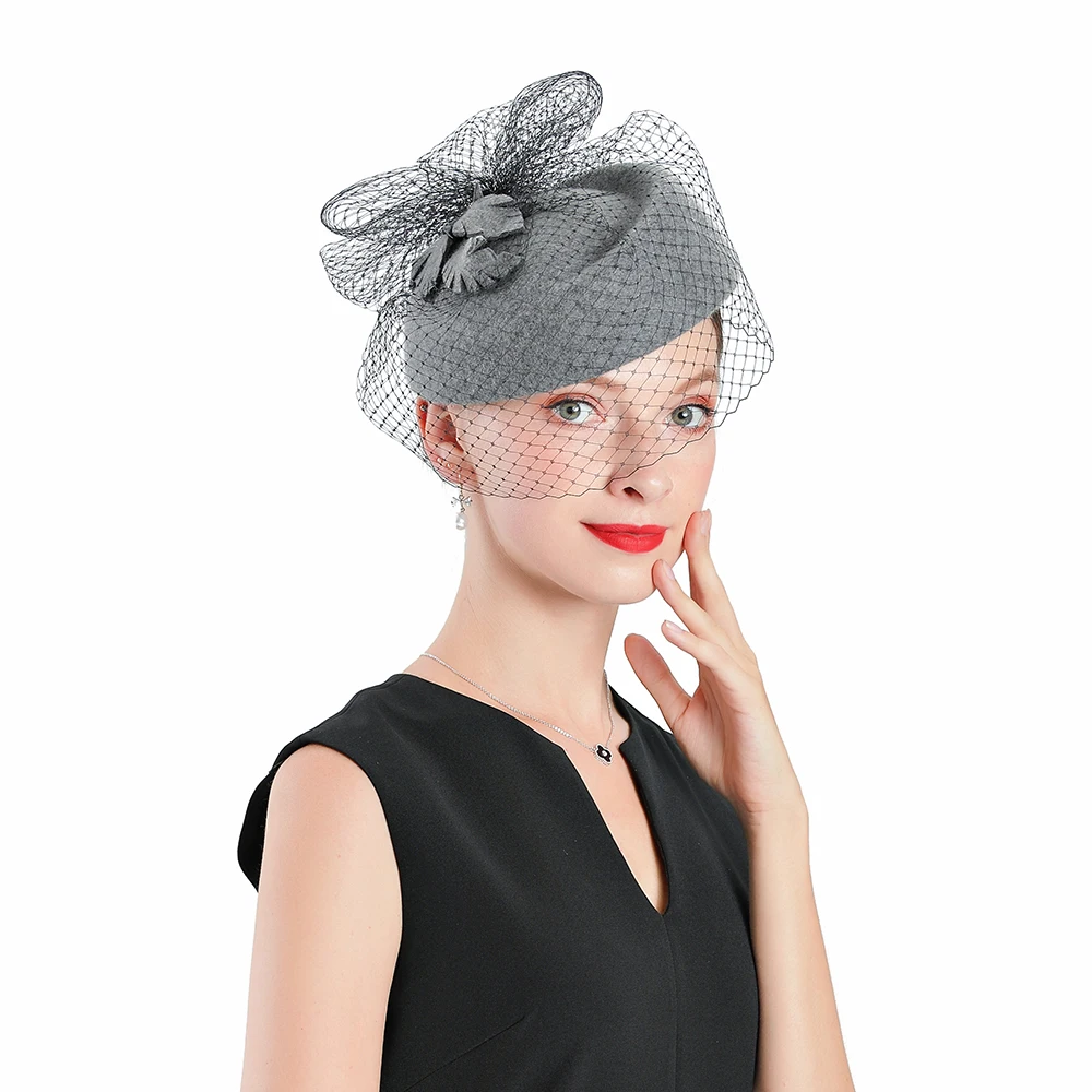 Fedoras Wool Leaf Hat Gray Fascinator For Women Elegant Church Wedding With Veil Cap Cocktail Tea Party Hair Clip Hat Girls