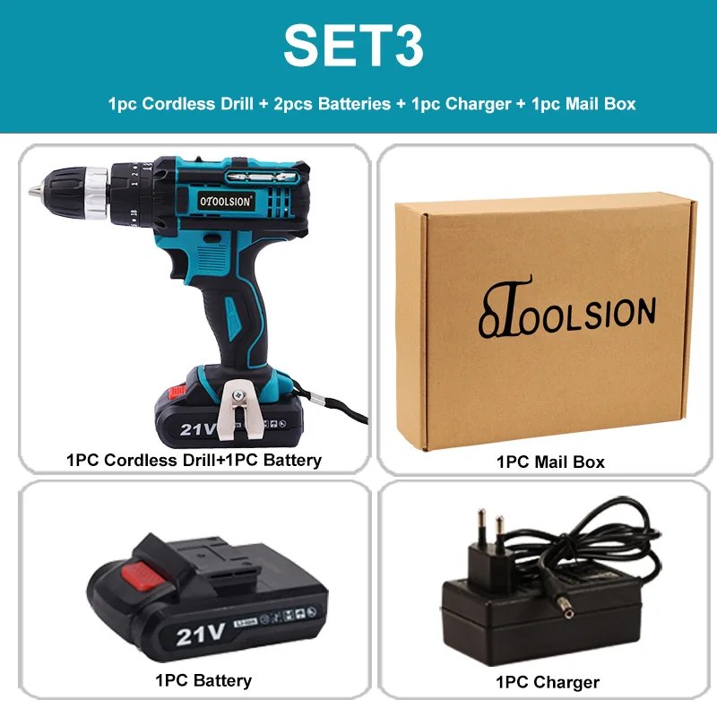 SET3 (2pc battery) 21 в 18+ 3 вращающая Ударная дрель аккумуляторная отвертка Электроинструмент шуруповерт Ударный Молоток дрель шуруповерт с пластиковым ящиком для инструментов - Цвет: SET3 (2pc battery)