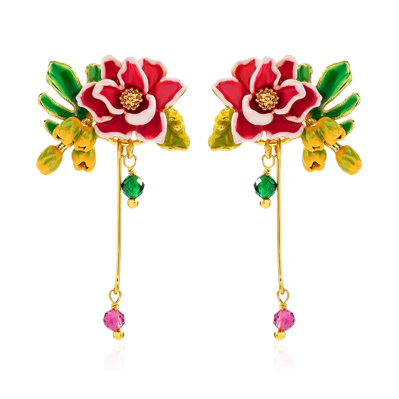 

New Earrings Hand-painted Enamel Glaze Red Flower Stud Earrings Long Sen Earrings Niche Design Ear Clips Without Pierced Ears