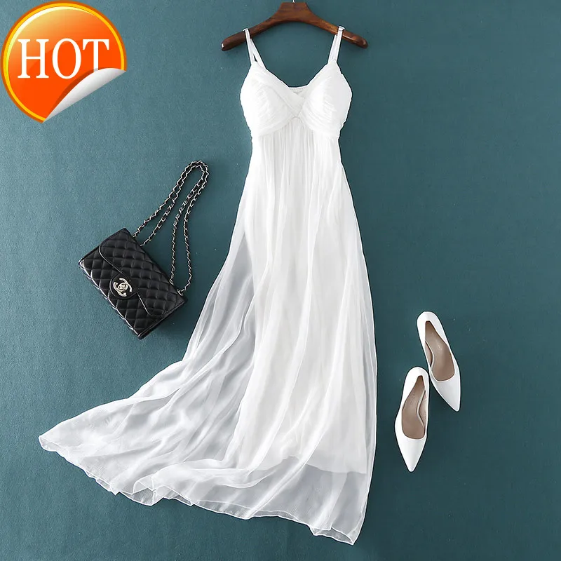

Dress female white suspender silk skirt seaside holiday net red beach skirt medium length silk summer dress