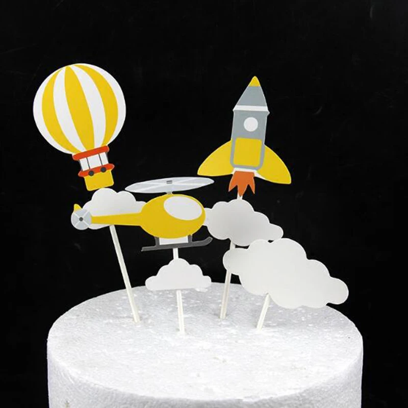 

AVEBIEN 4pcs Airplane Balloon Rocket Cloud Cake Topper Dessert Decoration for Wedding Birthday Party Cake Insertion Decoration