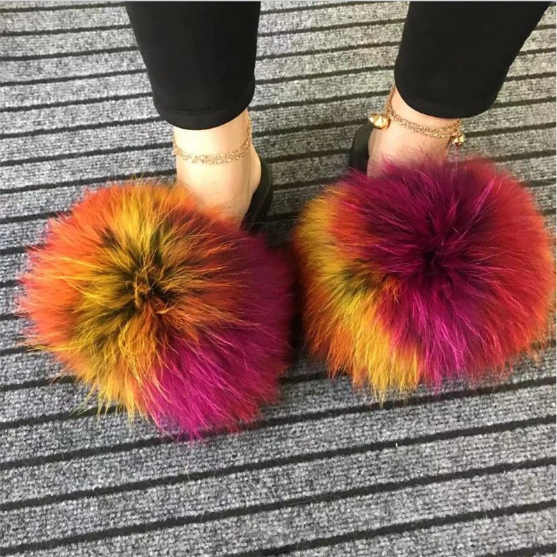 

New Women's Sandals Slippers Fluffy Big Fox Fur Slippers Real Fur Flat Slippers EVA Ultra-Light Sole Anti-Slip Wear-Resistant