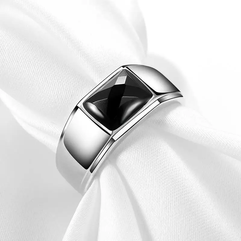 

New Silver Soft Light Black Agate Domineering Exaggerated Cold Wind Wide Face Temperament Men's Opening Adjustable Ring