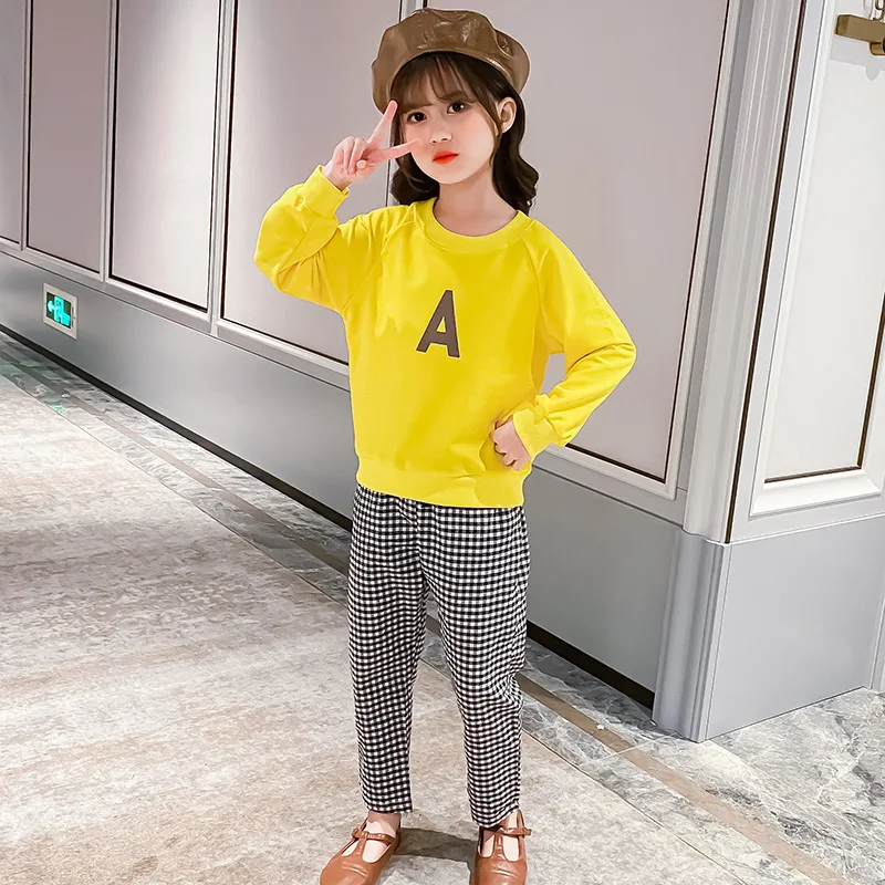 Spring Autumn Girls Tracksuit Teenage Stylish Simplicity Casual Outfit Kids Sweatshirt+ Plaid Slack Pants 2pcs Set Children Suit