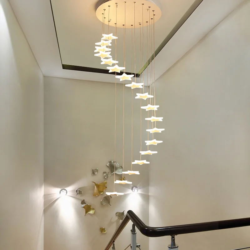 売る 現代のシンプルな二重階段 Led ペンダント創造リビングルームレストランスターランプヴィラスパイラル階段ロング吊りランプ