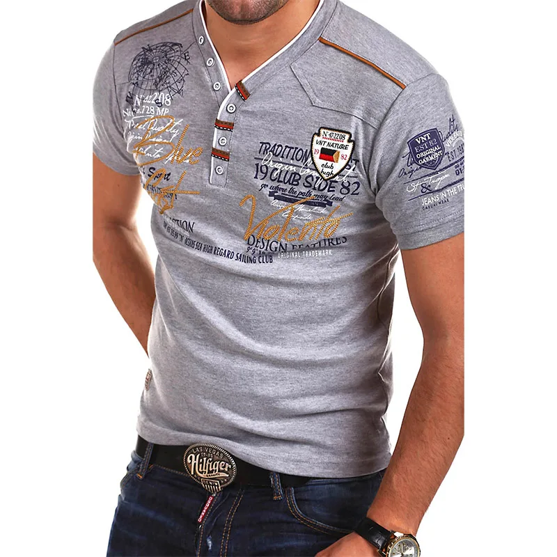 

2021 Summer Men's T-shirt Button Slim Fashion Cotton V-Neck Casual Top 4 Colors